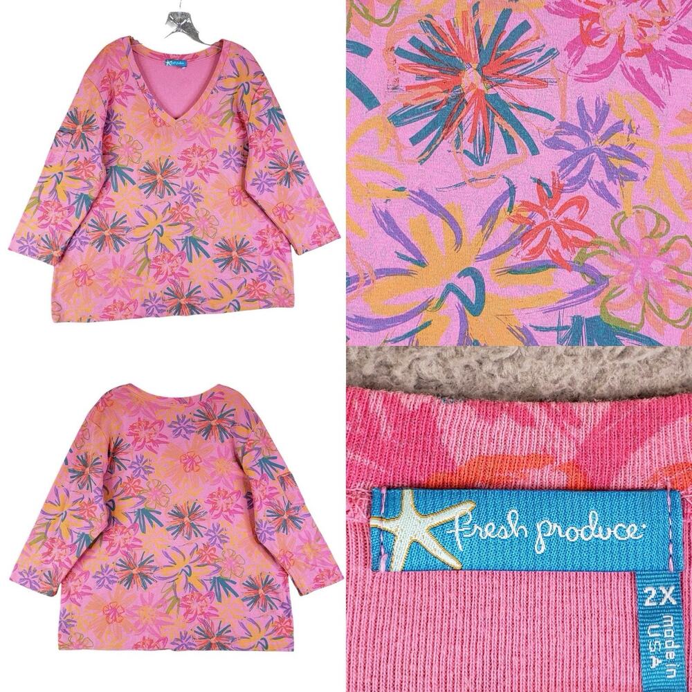 Fresh Produce Shirt Knit Top Long Sleeve Women’s Plus Size 2X Pink Floral